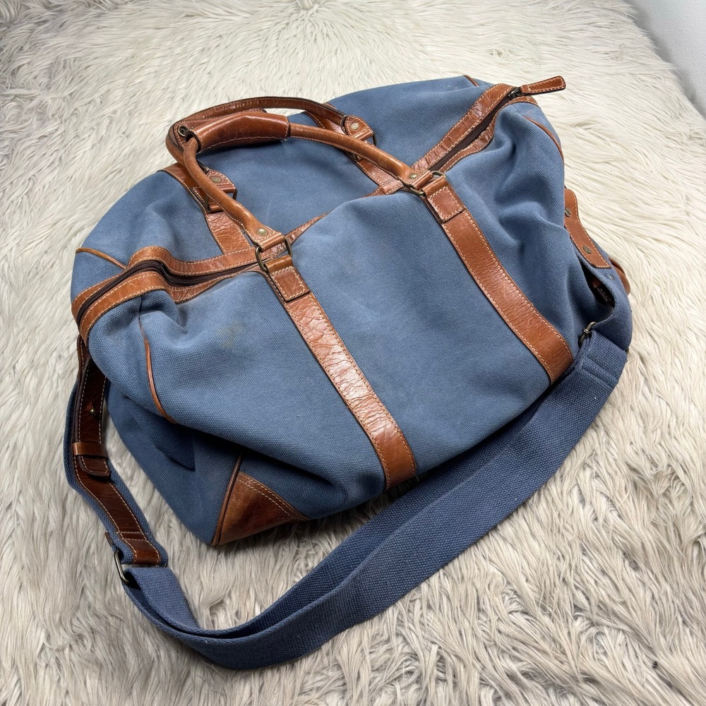 Vintage Fossil Blue Canvas Brown Leather Duffle Bag Travel Classic Preppy Retro